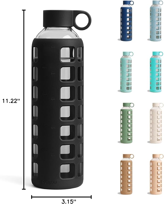 purifyou 40oz / 32oz / 22oz / 12oz Borosilicate Glass Water Bottle with Time & Volume Markers, Silicone Sleeve, Stainless Steel Lid | Reusable Glass Bottle for Water & Juice (32oz Jet Black)