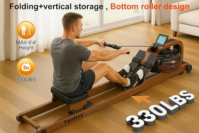 Foldable Rowing Machines for Home with Adjustable Large Water Tank & Comfortable Seat for Real Experience Immersive Water Rower, APP Link,Joint 0 Impact 330LBS Weight Capacity;