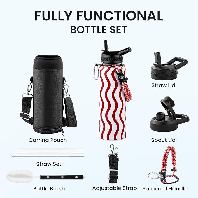 RAYMYLO Insulated Water Bottle 40 oz, Triple Wall Vacuum Stainless Steel | (Cold for 36Hrs, Hot for 18Hrs), Leak Proof & Non-BPA, Modern Water Flask Jug with Paracord Handle & Straw Spout Lids