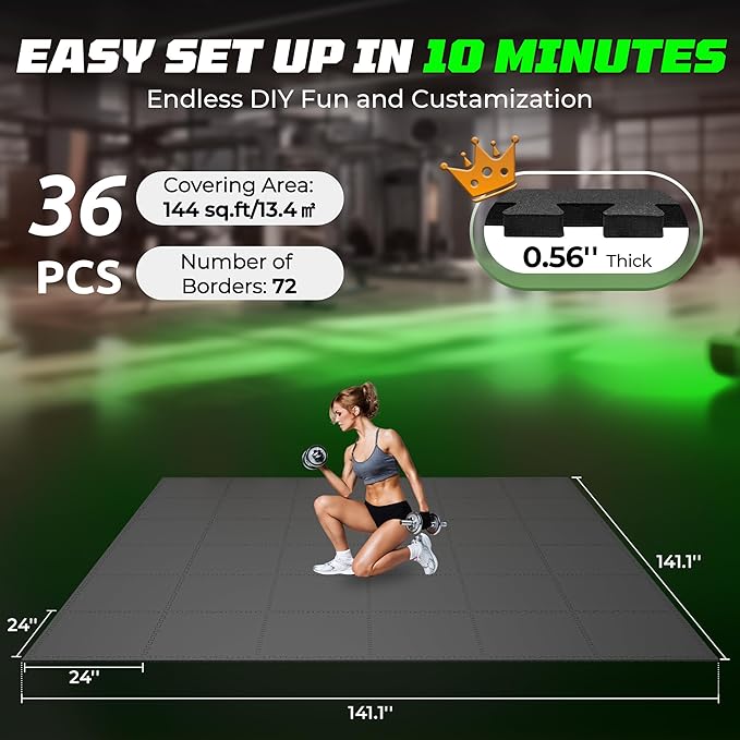PRAISUN 0.56" Rubber Top Gym Flooring, Heavy Duty Interlocking Gym Mats for Home Gym, Non-Slip Workout Mat, 24 x 24in Large Gym Floor Mat, Protect Floors from Equipment, 144 Sq Ft, Pure Black