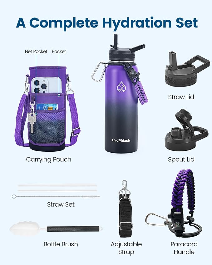 Insulated Water Bottle 40 oz with Carrier Bag, Purple/Black | Stainless Steel, Vacuum Insulated Keep Cold 48 Hrs, Large Metal Water Jug, For Travel, Sport, Gym, Hiking