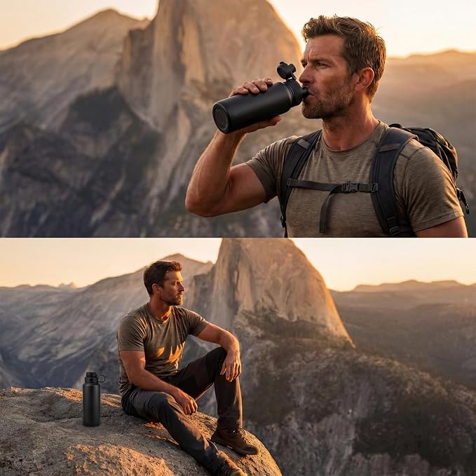 32 oz Metal Stainless Steel Insulated Water Bottle | Sports Black Water Bottle Leak Proof with Spout Lid & Handle Lids,Keep Cold for 24 Hrs Hot for 12 Hrs,For Gym,Men,