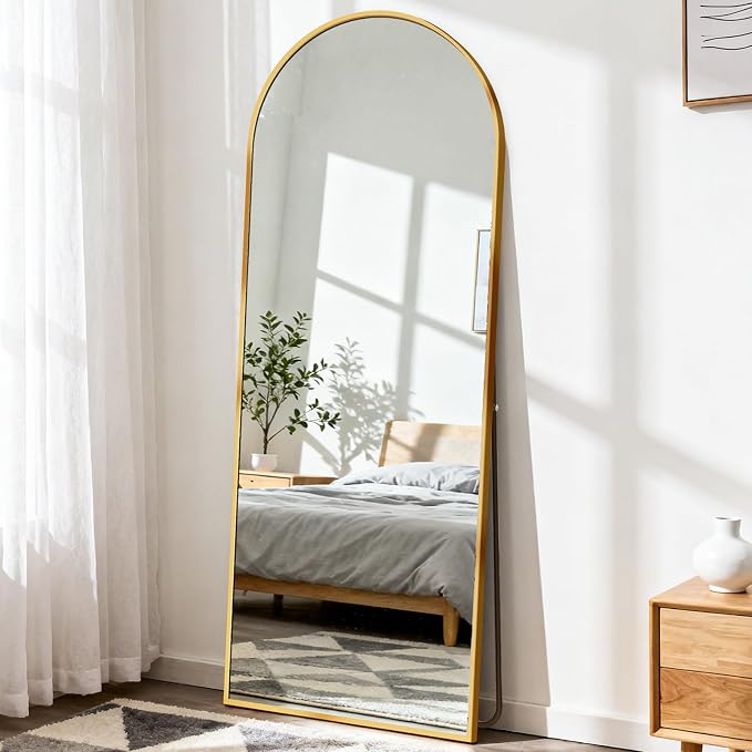 DUMOS 58"x19" Arched Full Length Mirror with Stand, Floor Standing Aluminum Frame, Shatter-Proof Nano Glass for Bedroom, Living Room, Cloakroom – Modern Simple Home Decor,Hanging or Leaning,Gold