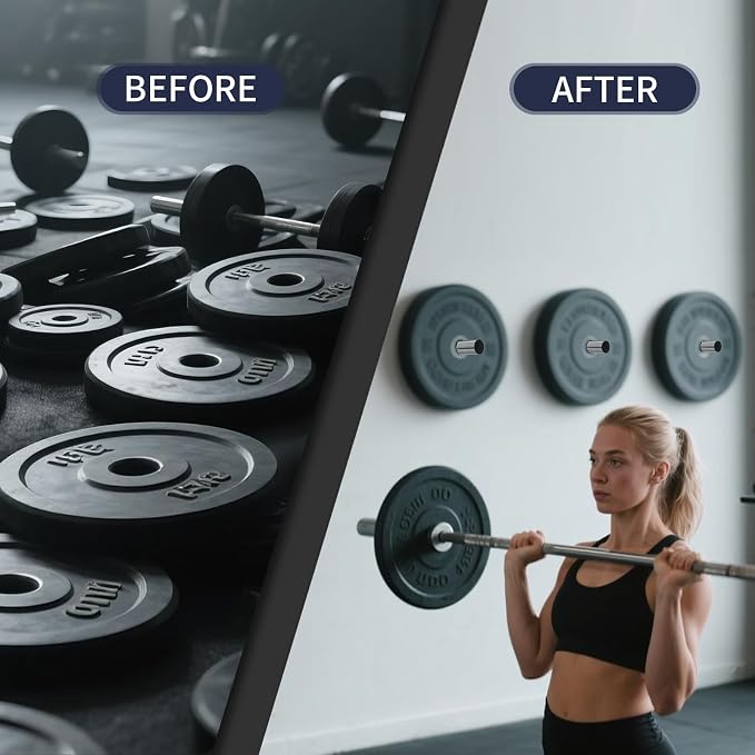 Wall Mounted Weight Plate Rack, Olympic Weight Plate Holder, 2-Inch | Heavy-duty steel organizer for home gym and garage gym use supports 275 lb with hardware for wood studs or concrete.