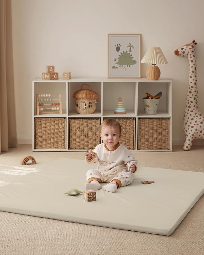 Blissful Diary Vegan Leather Baby Play Mat, 50''x50'', Beige | thick cushion, safe and soft fabric, waterproof and wip clean, indoor use, non-slip bottom, stylish mordern decor