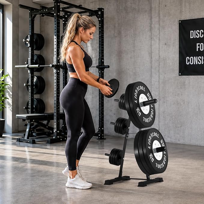 LIONSCOOL 1" & 2" Weight Plate Rack, Heavy Duty Weight Plate Tree, Olympic Weight Plate Holder with Removable Posts, Vertical Compact Weight Plate Storage Rack for Home Gym Garage Basement Fitness