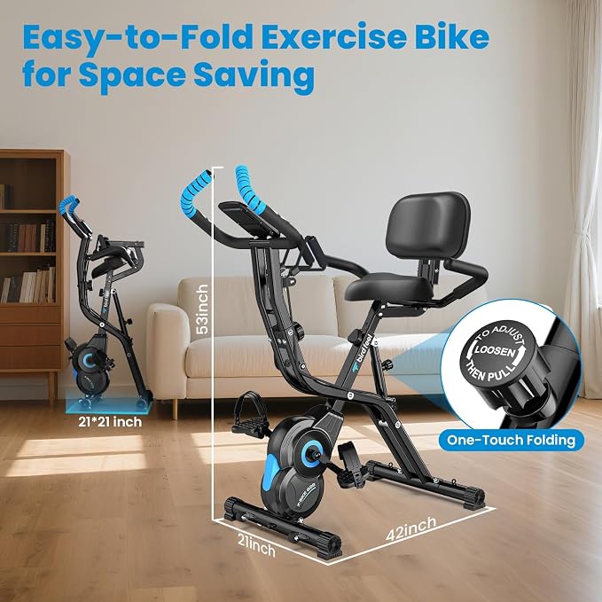 Foldable Exercise Bike, 8-Level Magnetic Stationary Bike for Home Gym | Quiet Indoor Workout Bike with Arm Resistance Bands, LCD Monitor, and 300 LBS Capacity for Full-Body Cardio Training