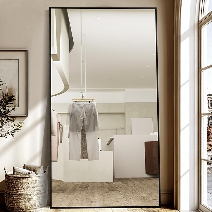 Beauty4U 79" x 39" Full Length Mirror with Stand, Black Large Floor Mirror | Standing, Leaning, or Wall-Mounted Tempered Glass Full Body Mirror with Metal Frame for Bedroom, Closet, Modern Home Decor