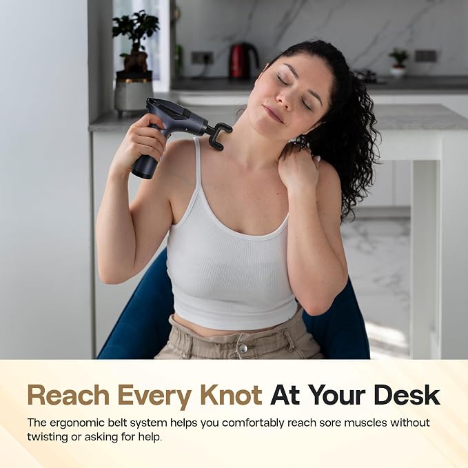 Extended Reach Massage Gun for Back Relief – Deep Tissue Percussion Massager with Handle & Massage Belt for Hard-to-Reach Areas, 12 Speeds & 4 Heads
