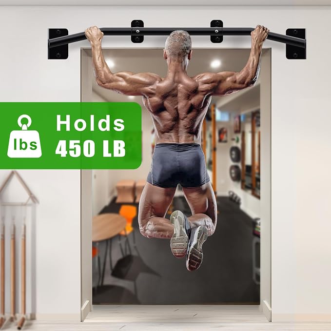 SELEWARE 32"/36" Wall Mount Pull Up Bar Joist Mount Chin Up Bar for Doorway | Heavy Duty Steel Construction Support 450 lb, w/Resistance Band Hooks, Fits 32"/36" Wall Studs for Home Gym Strength Training