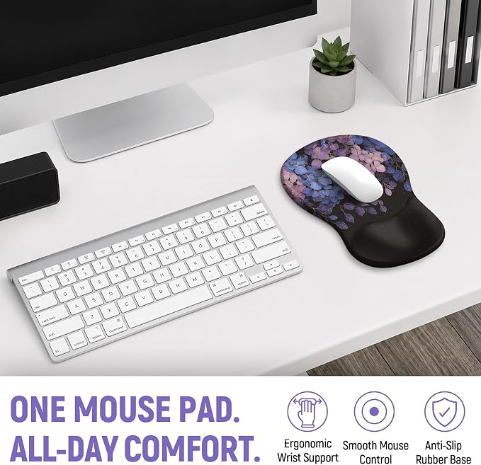 Ergonomic Mouse Pad with Wrist Rest, Gel Wrist Support, Hydrangea | 10.2 x 7.6 in Mouse Pad with Smooth Fabric Surface and Non-Slip Rubber Base for Office, Home, Study, and Gaming