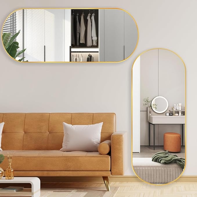 ZHUNFA Arched Full Length Floor Mirror, 64×21 Oval Full Floor Mirror | Large Wall Mounted Arched-Top Body for Living Room, Bedroom, Bathroom, Entryway, Dressing Room, gold