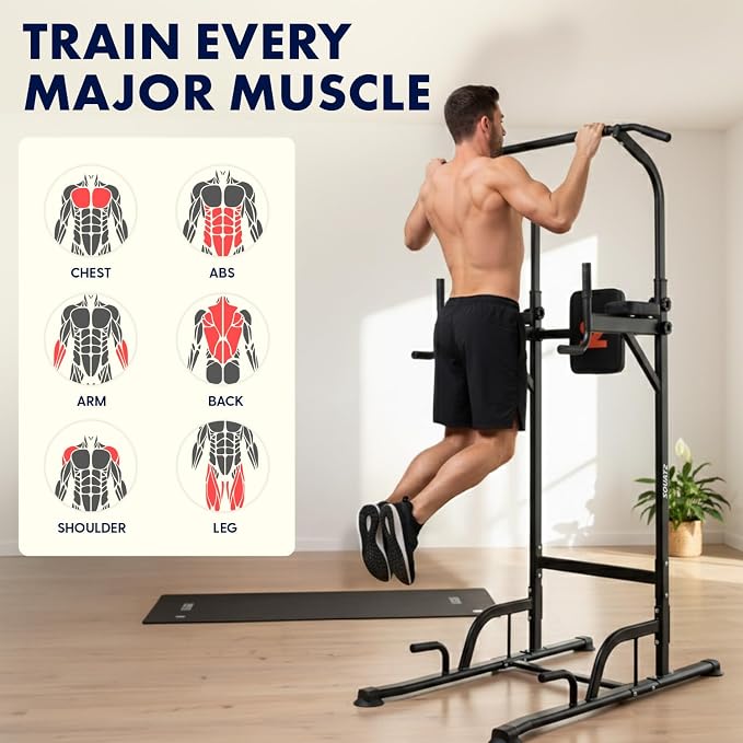 Power Tower Pull Up Station with Free Standing Pull Up Bar, Multi-Grip Workout Frame with 6 Adjustable Heights, H-Base Stability, Steel Construction, 330 lb Capacity for Home Gym, Black
