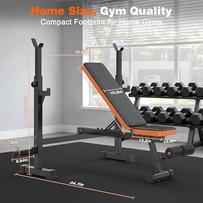 Fostoy Adjustable Weight Bench with Squat Rack & Incline Design | 770LB Heavy Duty, Flat & Incline Positions, Removable Foot Catch, Olympic Bench Press Station, Home Gym Strength Training