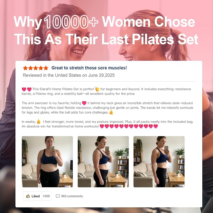 Home Pilates Ring and Ball Set for Women with 5 Resistance Bands 13 inch Magic Circle Workout Starter Kit for Beginners Full Body Toning 15 Min Daily Routine