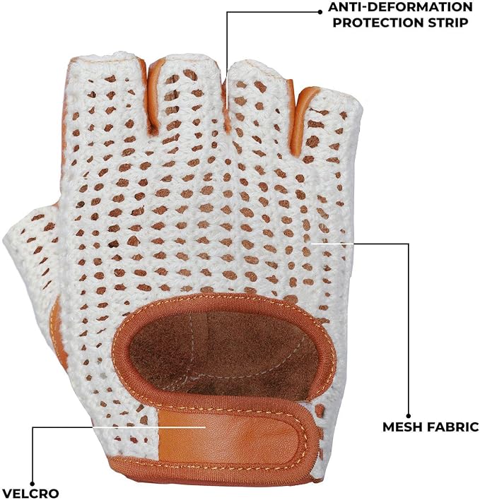 Retro Leather Crochet Cycling Gloves - Classic Tan