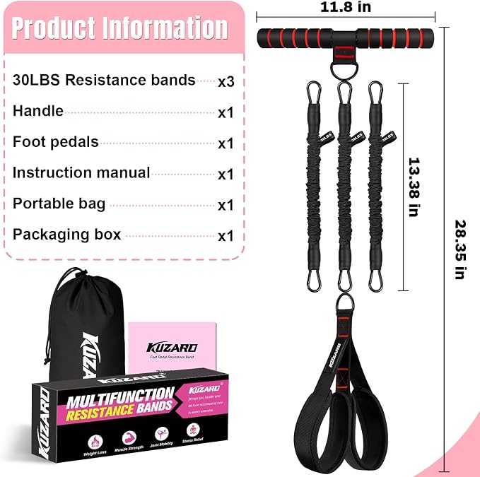 Upgraded Multifunction Pedal Resistance Band with Handle, 3 Tube Adjustable Resistance Bands for Abdomen, Waist, Arm, Core/ABS, Leg Workout - Sit Up Exercise Equipment for Women