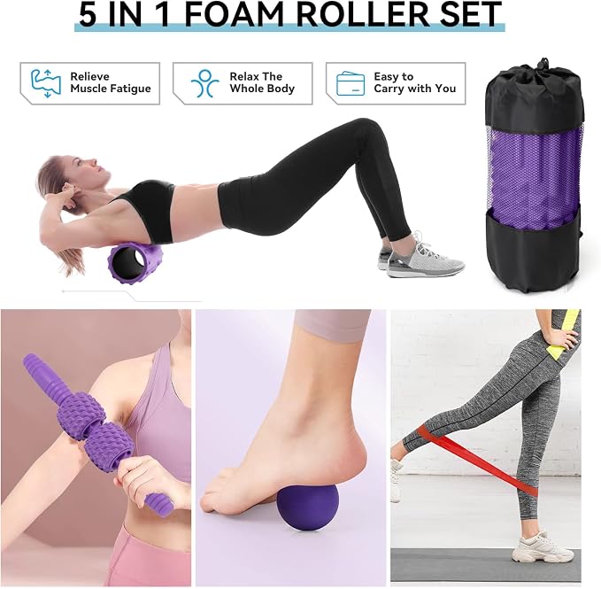 5 in 1 Foam Roller Set, High Density Patented Exercise Roller | Deep Tissue Massage Roller Stick, Massage Ball, Resistance Band for Pilates, Yoga, Whole Body Fitness Exercise, Purple