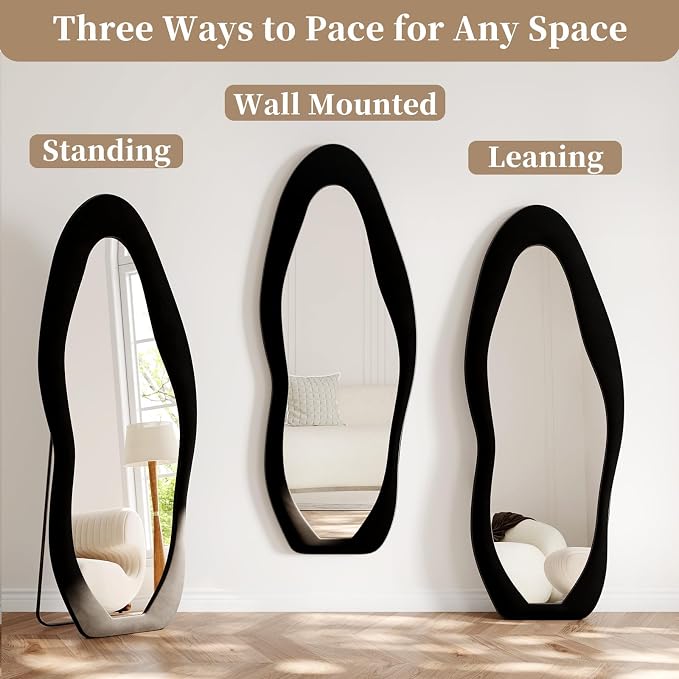 Full Length Mirror, 63"x24" Wavy Full Body Mirror Flannel | Flannel Floor Mirrors with Stand, Irregular Wavy Mirror Hanging or Leaning Against Wall for Bedroom Living Room, Black