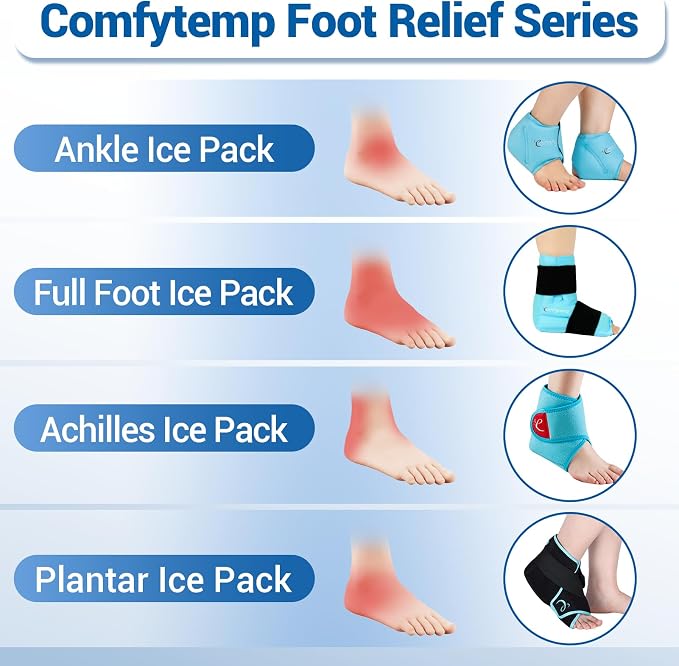Comfytemp Ankle Ice Pack Wrap Brace for Swelling, Foot Pain Relief, 2 Gel Packs for Injuries Reusable, Hot Cold Compress Therapy for Plantar Fasciitis Relief, Heel Spur, Achilles Tendonitis, Swelling