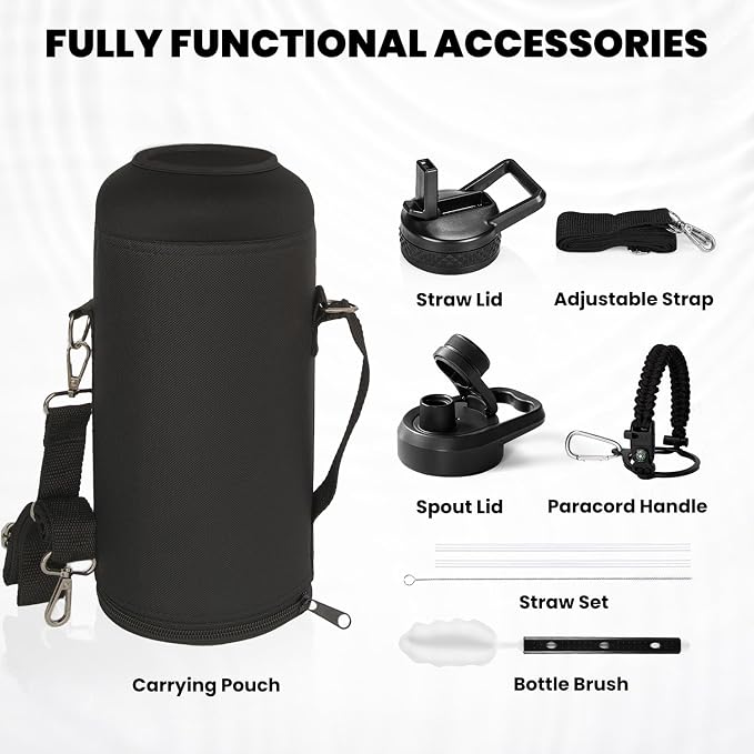 RAYMYLO Insulated Water Bottle 87 oz, Triple Wall Vacuum Stainless Steel (Cold for 48 Hrs), Leak Proof & Non-BPA, Modern Water Flask Jug with Paracord Handle & Straw Spout Lids, Magic Black | Cold for 48 Hrs), Leak Proof & Non-BPA, Modern Water Flask J...