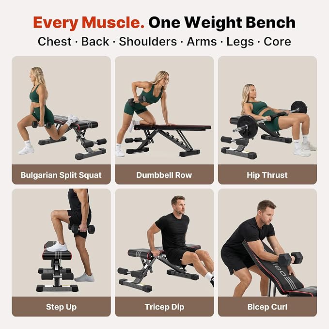 YOLEO Adjustable Weight Bench for Home Gym, ASTM-Certified 827LBS, 98% Pre-Assembled, Foldable Gym Bench with 84 Positions Incline Decline Flat, Wider Seat