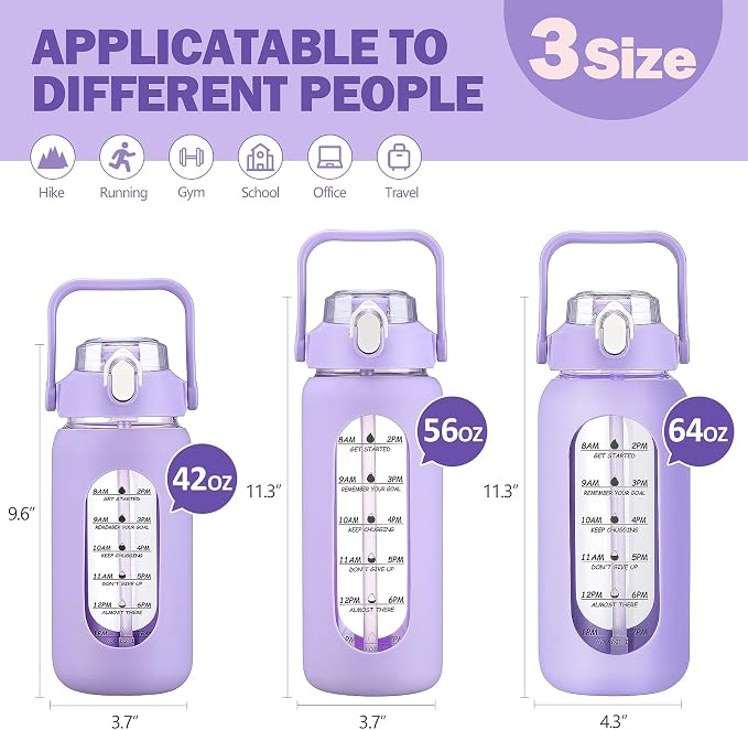 56oz Glass Water Bottles with Straw, Motivational Glass Bottle with Silicone Sleeve and Time Marker, Leakproof Large Glass Water Jug for Gym Home Office,Purple