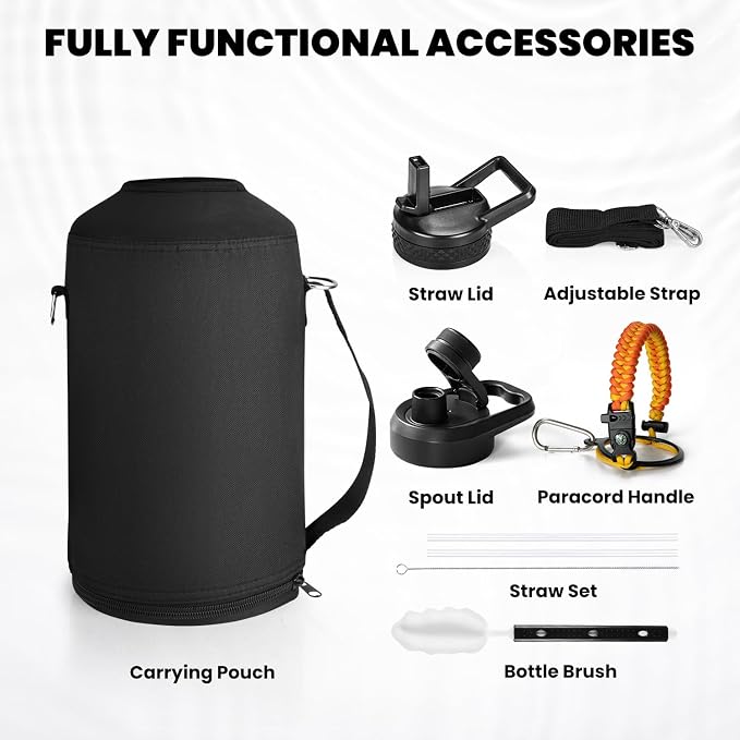 RAYMYLO Insulated Water Bottle 64 oz, Triple Wall Vacuum Stainless Steel (Cold for 48 Hrs), Leak Proof & Non-BPA, Half Gallon Water Flask Jug with Paracord Handle & Straw Spout Lids, Ombre Orange | (Cold for 48 Hrs), Leak Proof & Non-BPA, Half Gallon W...