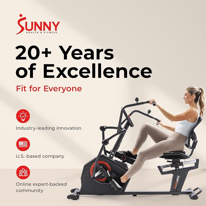 Sunny Health & Fitness Elite Recumbent Cross Trainer & Elliptical Machine with Arm Exercisers for Home Arm/Leg Training, Easy Adjust Seat & Mesh Backrest, Free SunnyFit App Bluetooth Connectivity