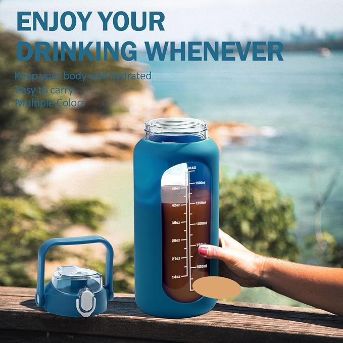 64oz Glass Water Bottles with Straw, Half Gallon Motivational Glass Bottle with Silicone Sleeve and Time Marker, 2L Leakproof Large Glass Water Jug for Gym Home Office,Iron Blue