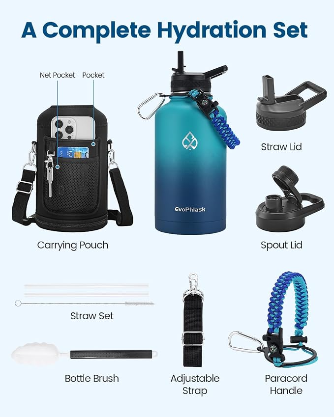 Insulated Water Bottle 64 oz with Carrier Bag, Cyan/Blue | Stainless Steel, Vacuum Insulated Keep Cold 48 Hrs, Half Gallon Large Water Jug, For Travel, Sport, Gym, Hiking