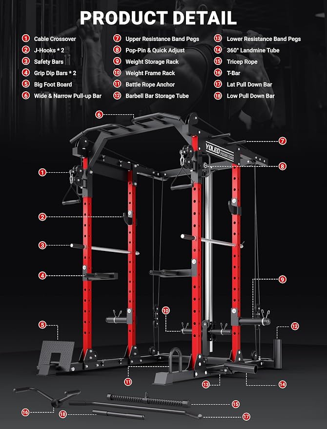 YOLEO Smooth Pulley System Power Cage, Adjustable Cable Crossover Power Rack, Multi-Functional Cable Machine for Home Gym