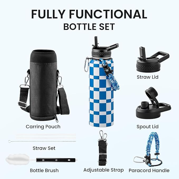 RAYMYLO Insulated Water Bottle 40 oz, Triple Wall Vacuum Stainless Steel | (Cold for 36Hrs, Hot for 18Hrs), Leak Proof & Non-BPA, Modern Water Flask Jug with Paracord Handle & Straw Spout Lids