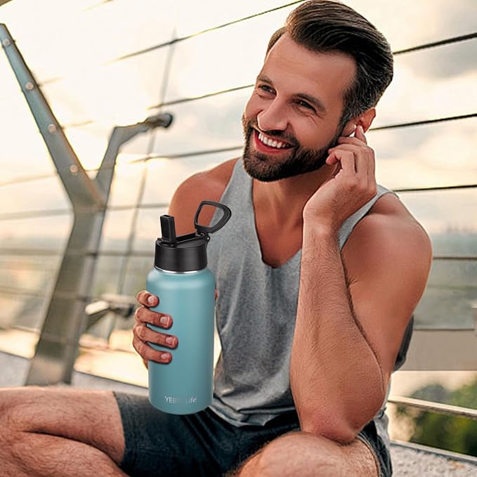 Insulated Water Bottle With Straw,32 oz Vacuum Insulated Stainless Steel Sports Water Flask,Keeps Cold and Hot,Metal Water Bottle Wide Mouth for Gym Travel Camping (Mayan blue)