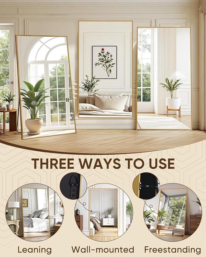 Antok Full Length Mirror, 82"x44" Floor Mirror, Floor Standing Freestanding Full Body Mirror with Stand for Bedroom, Hanging Mounted for Living Room Cloakroom, Gold