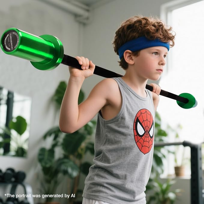 4FT 5LB Aluminum Kids Barbell, 70LB Capacity | Youth training bar with 22mm knurled grip, bearings, brass bushings, and 2-inch Olympic plate compatibility