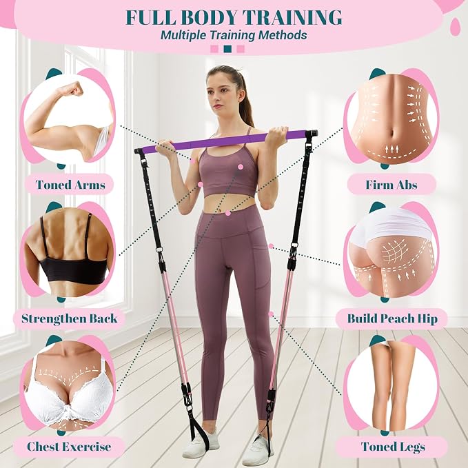 Pilates Bar Kit with Resistance Bands, Multifunctional Yoga Pilates Kit | Heavy-Duty Metal Adjustment Buckle, Portable Home Gym Pilates Resistance Bar Kit for Women Full Body Workouts
