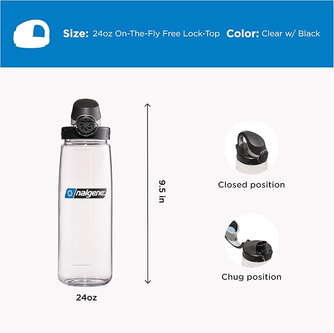 Nalgene 24 oz On The Fly Lock-Top Water Bottle, Clear w/Black | Easy Chug Cap with Locking Lid, Cup Holder Size, BPA-Free, Durable & Leak Proof, Lightweight Bottle for Hiking, Gym & Travel