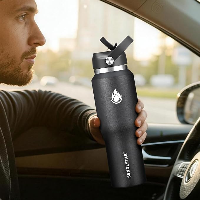 SENDESTAR 40oz Stainless Steel Water Bottle(Cold for 48 Hrs, Hot for 24 Hrs),Double Wall Vacuum Insulated Bottle with Straw Lid, Spout Lid and Flex Cap, Fit in Any Car Cup Holder,Black