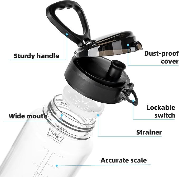 Fanhaw 32 Oz Clear Tritan Water Bottle, BPA-Free & Leak-Proof, Wide Mouth with Anti-dust Chug Lid, Reusable Plastic Bottle for Gym, Travel, School & Office, Back to School Essentials (Clear&Black)