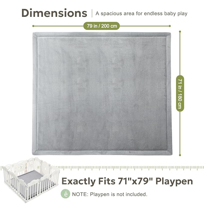 Mallify Ultra Soft 1.3" Thick Baby Play Mat for Floor, Extra Large Velvet 71"x79" Playpen Mat, Baby-Safe & Non-Slip Tummy Time Mat, Crawling Mat for Babies, Toddlers, Infants, Kids, Gray