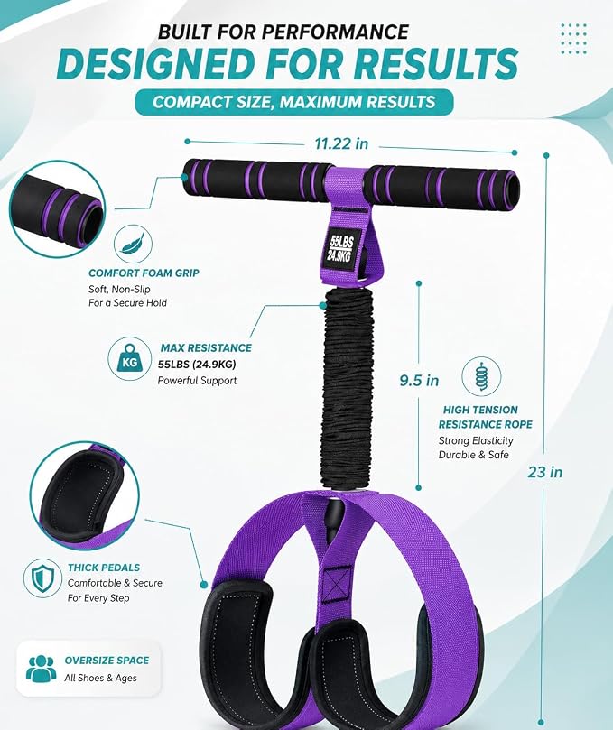Upgraded Pedal Resistance Band with Comfort Grip Handle, Soft Padded Foot Straps & Thickened Latex Tubes | 55LBS Sit‑Up & Full Body Exercise for Abdomen, Waist, Arms, Core, Legs & Physical Therapy