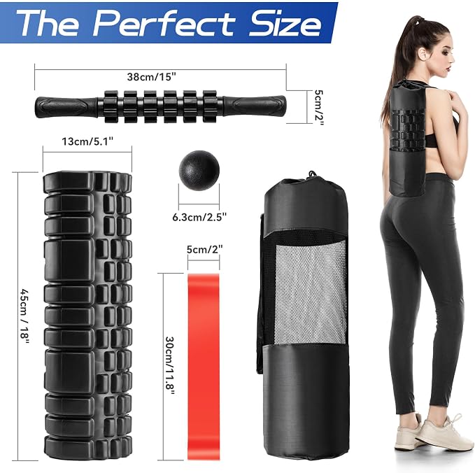 Krightlink 5-in-1 18" Foam Roller Set for Deep Muscle Massage Release | Foam Roller Back Roller for Fitness Relieves Muscle Pain Myofascial Trigger Point Release Pilates, Yoga (18" Black)