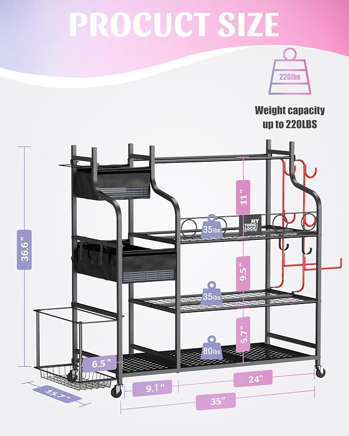 Mythinglogic Home Gym Storage Rack with Wheels for Dumbbells and Yoga Mats | Versatile storage with shelves, hooks and side holders for kettlebells, foam rollers, bands, weight plates and gym gear