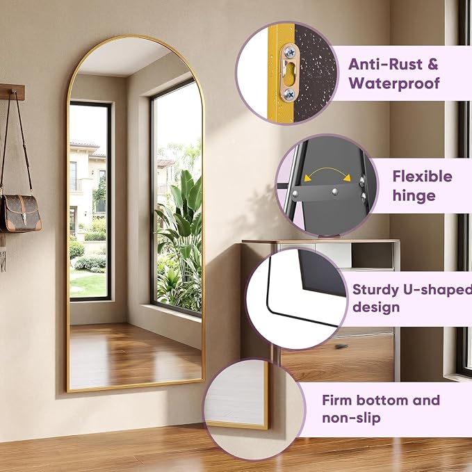 Full Length Mirror, 71"x27" Arched Floor Mirror Freestanding, Floor Standing Full Body Mirror with Stand for Bedroom, Hanging Mounted for Living Room Cloakroom, Gold