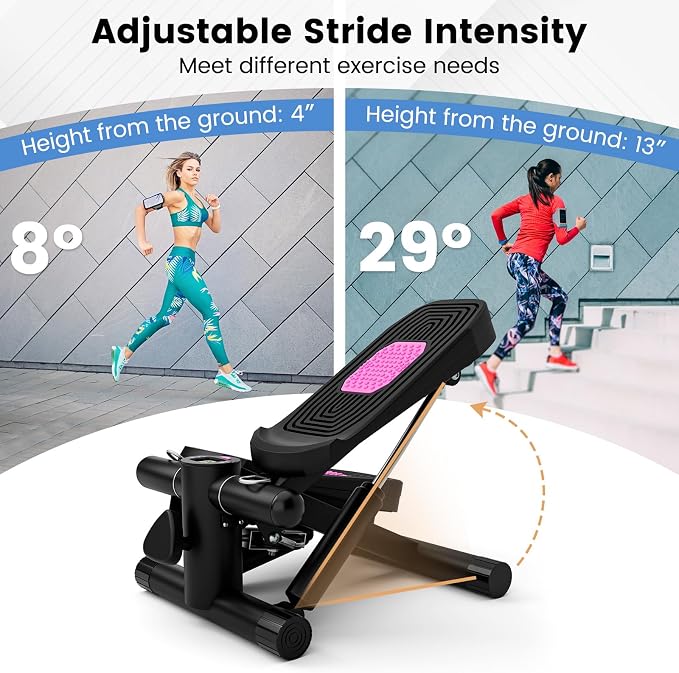 GYMAX Steppers for Exercise at Home, Hydraulic Mini Stair Stepper with Resistance Bands & LCD Monitor, Portable Under Desk Cardio Equipment Step Machine for Home Gym