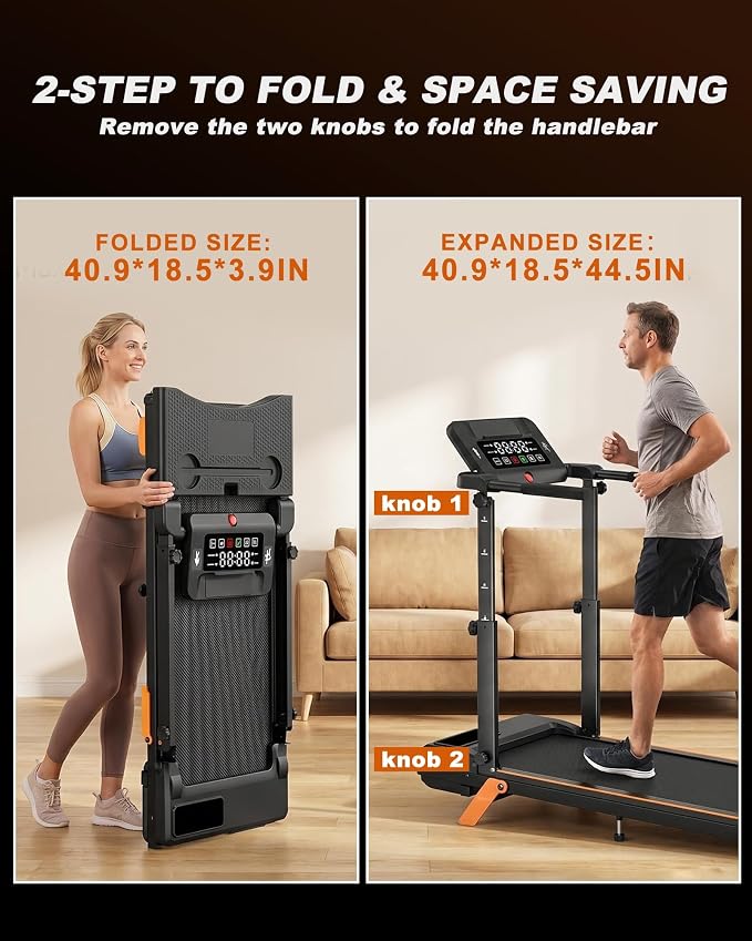 12% Incline Multifunctional Walking Pad with Height-Adjustable Handle Bar and Built-in Removable Desk, 8.0MPH/3.5HP Small Treadmill, 350LBS Weight Capacity Compact Treadmills (Black Orange)