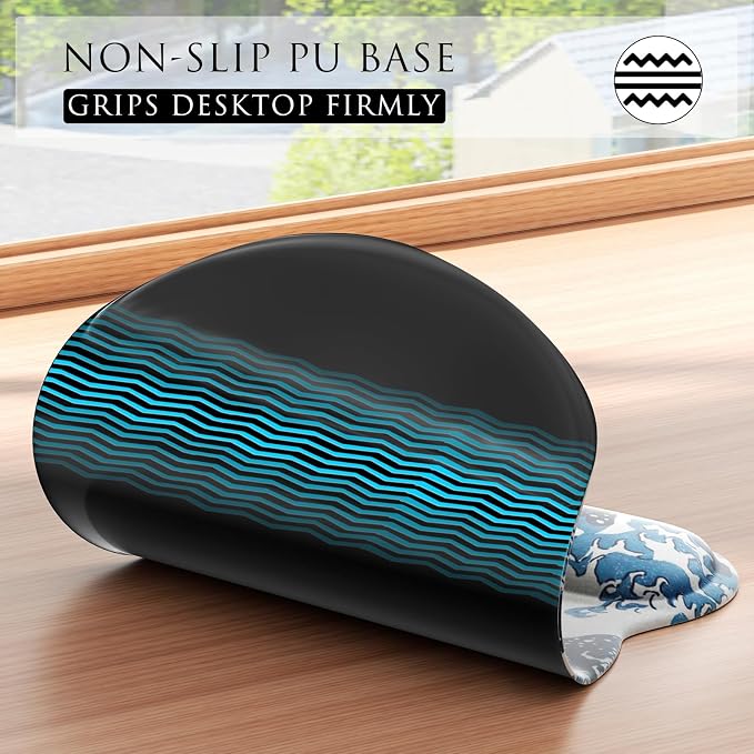 MROCO Ergonomic Mouse Pad with Gel Wrist Rest, 9.4 x 8.1 in, Great Wave | Ergonomic Shape Design, Multiple Pattern Options, Gel Wrist Comfort, Smooth Lycra Surface, Non-Slip PU Base