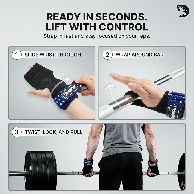 DMoose Fitness Weight Lifting Hooks (Pair) for Deadlifts, Pull Ups, Rows & Shrugs - Anti-Rip Nylon Strap Hand Grips with Thick Wrist Padding - Heavy Duty Wrist Straps for Weightlifting & Gym Workouts