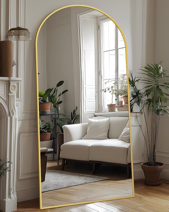 Antok Full Length Mirror, 76"x34" Floor Mirror with Stand, Hanging Mounted Mirrors for Bedroom, Living Room, Cloakroom, Dining Room, Gold, Arched
